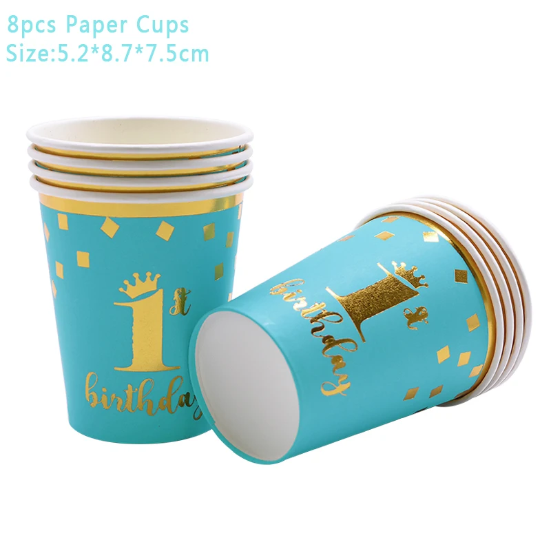 Boy Girl 1st Birthday Party Decor Disposable Tableware Kit Blue Pink Plate Cups Napkins Baby Shower Kids Birthday Party Supplies - Цвет: 8pcs Cups
