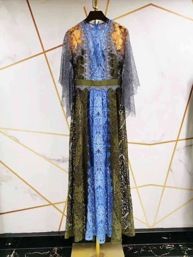 Qian Han Zi новейшее Брендовое модное Макси платье для подиума женское винтажное вышитое длинное кружевное платье с рукавами летучая мышь плюс размер - Цвет: Многоцветный