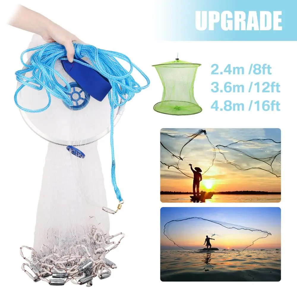

Yeahmart Full Spread Fish Cast Net Fishing Network Single Small Mesh Nylon Outdoor Hand Throw Catch Fishing Net Tool 240CM 360CM