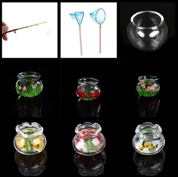 

1PCS 1:12 Pet A Glass Bowl For Fish Tank Pole Nets Dollhouse Miniature 1/12 Doll House Decor Accessories