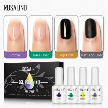 

ROSALIND Base For Nails Gel Polish Shiny Top Hybrid Varnish Set Everything For Manicure Semi permanent UV Lamp Cure 15ml /4PCS