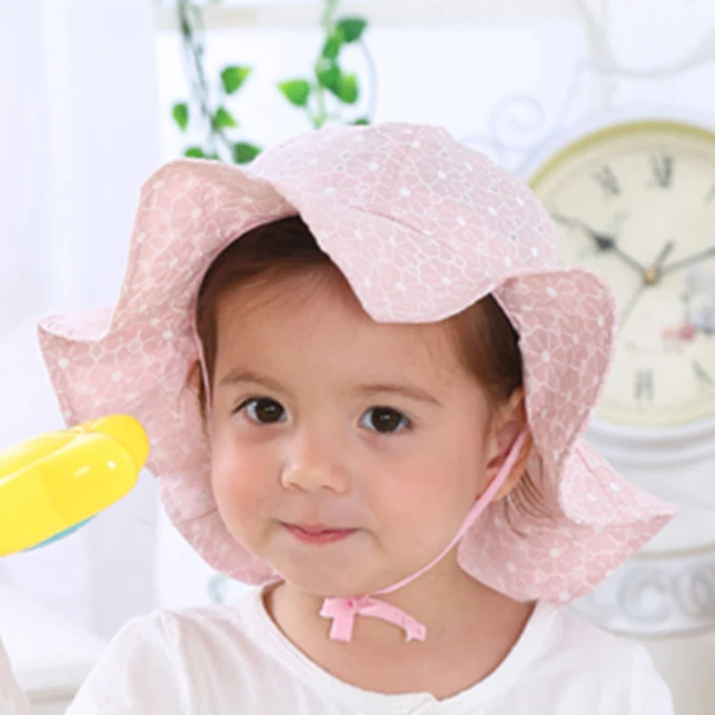 

Baby Summer Outdoor Bucket Hat Children Floral Print Panama Cap Sun Beach Cap Lovely Lace Princess Baby Girl Brim Sun Hats