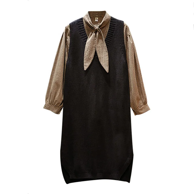 

PERHAPS U brown plaid shirt bow collar long sleeve plus size short mini sleeveless knitted dress autumn two pieces set D1386