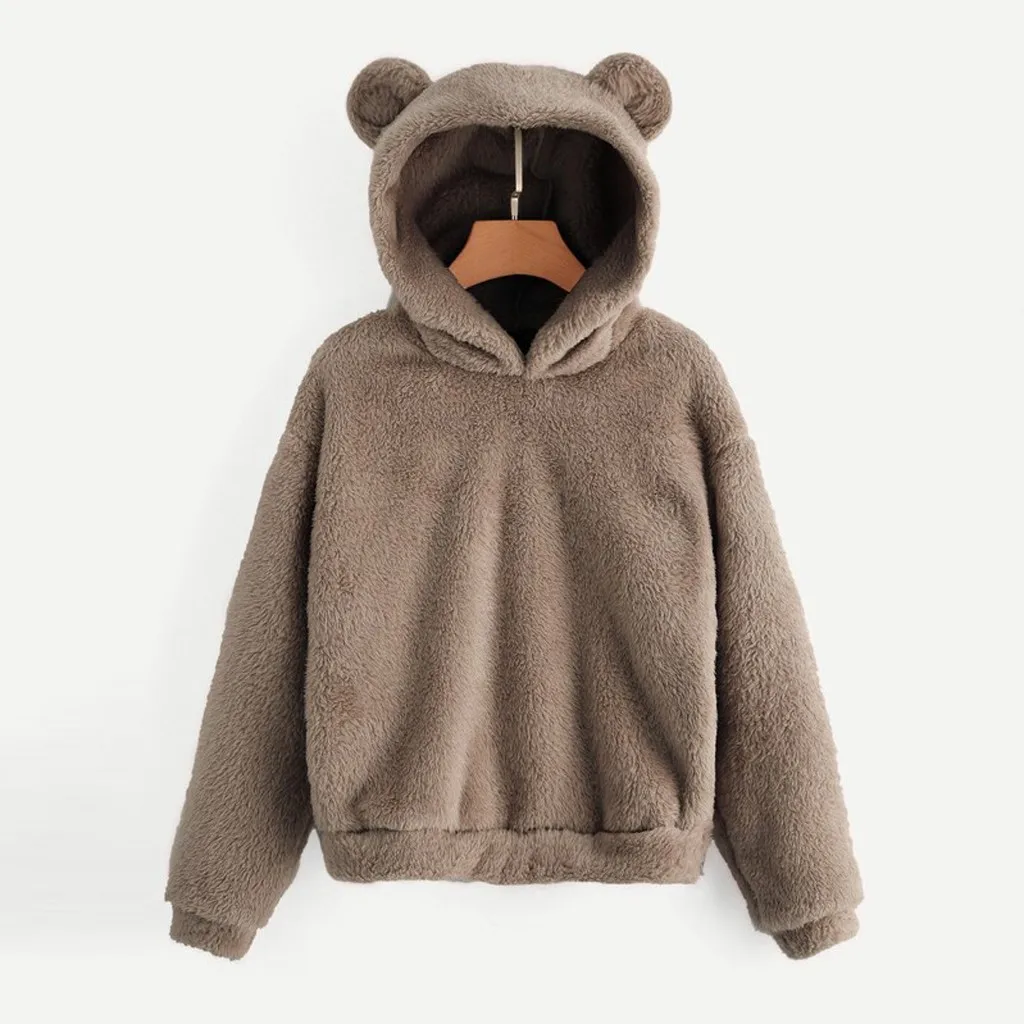 Пушистый бархатный флисовый свитер с длинными рукавами на осень и зиму, женская теплая толстовка с капюшоном в форме медведя, пуловер с капюшоном, толстовки, Mujer