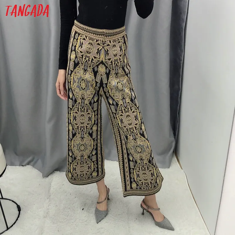 Tangada Женские винтажные жаккардовые трикотажные широкие брюки с эластичной талией женские повседневные брюки pantalones BE189