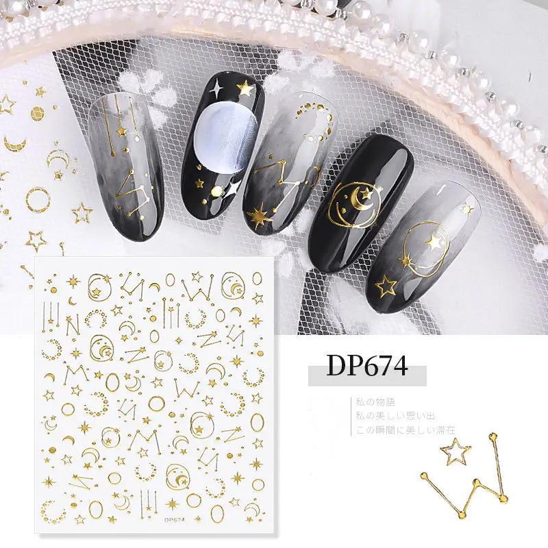 DP674 Kalvaro "сделай сам" с аппликацией в виде Золотой Звезды Луна деньги узор 3D-Наклейки для ногтей Self-клейкие переводные наклейки листья с принтом героини мультфильма для маникюра для Неил арта украшения для кончиков ногтей - Цвет: DP674
