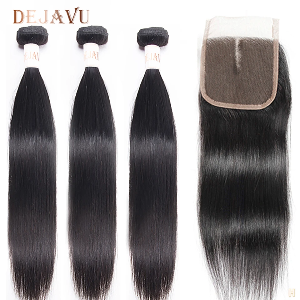 

DEJAVU Straight Hair Bundles With Closure Brazilian Non-Remy Human Hair 3 Bundles With 4*4 Lace Frontal Pelo For Black Women