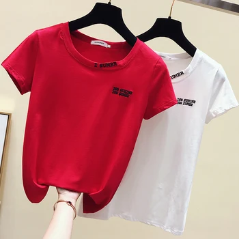 

Round collar short sleeve T-shirt girl standing on the new European summer embroidery letters han edition of ins loose half slee