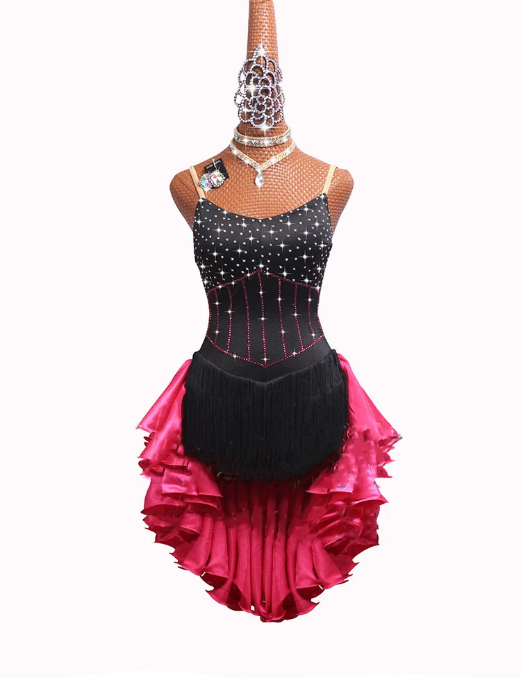 Конкурс латиноамериканских танцев платье для выступлений Новая черная юбка с бахромой розовое красное платье# LD0050 - Цвет: Dress and necklace