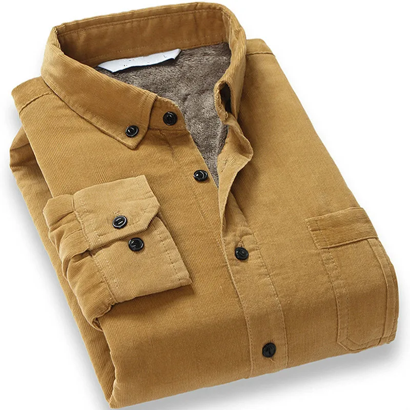 Men's Cotton Corduroy Warm Winter Shirt Thick Fleece Lining Thermal Shirt Long Sleeve Bottoming