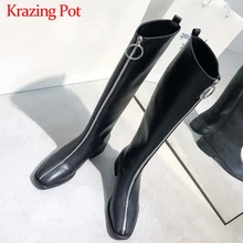 Krazing Pot/красивые мотоциклетные сапоги на молнии с квадратным носком на среднем каблуке; Сезон Зима; теплые женские модные сапоги до бедра черного цвета; L39