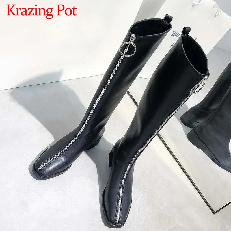 

Krazing Pot handsome motorcycles Zipper square toe med heels winter keep warm women fashion black colors thigh high boots L39