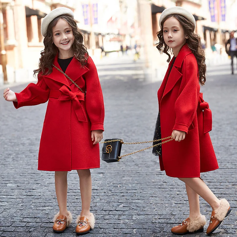 

Girls Long Wool Double-faced Overcoat Elegant Teenage Girl Trench Coat Autumn Winter Children's Outerwear