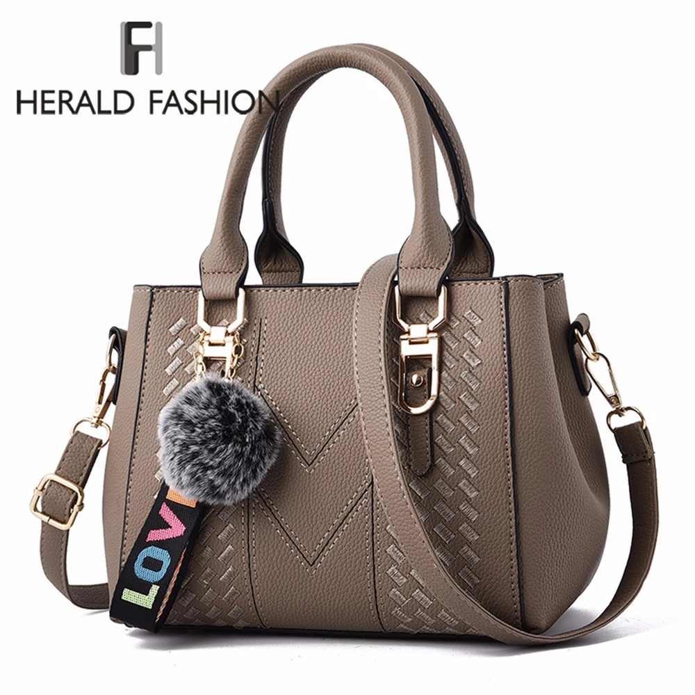 

Embroidery Women Handbags with Fur Ball Designer PU Leather Shoulder Messenger Bag Office Lady Crossbody Tote Bag Female Purse