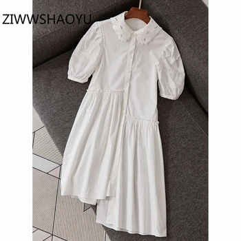 

ZIWWSHAOYU Women Summer White Elegant Fashion Cotton Midi Dresses Designer Frill Trim Asymmetrical Dress Ladies Loose Dress
