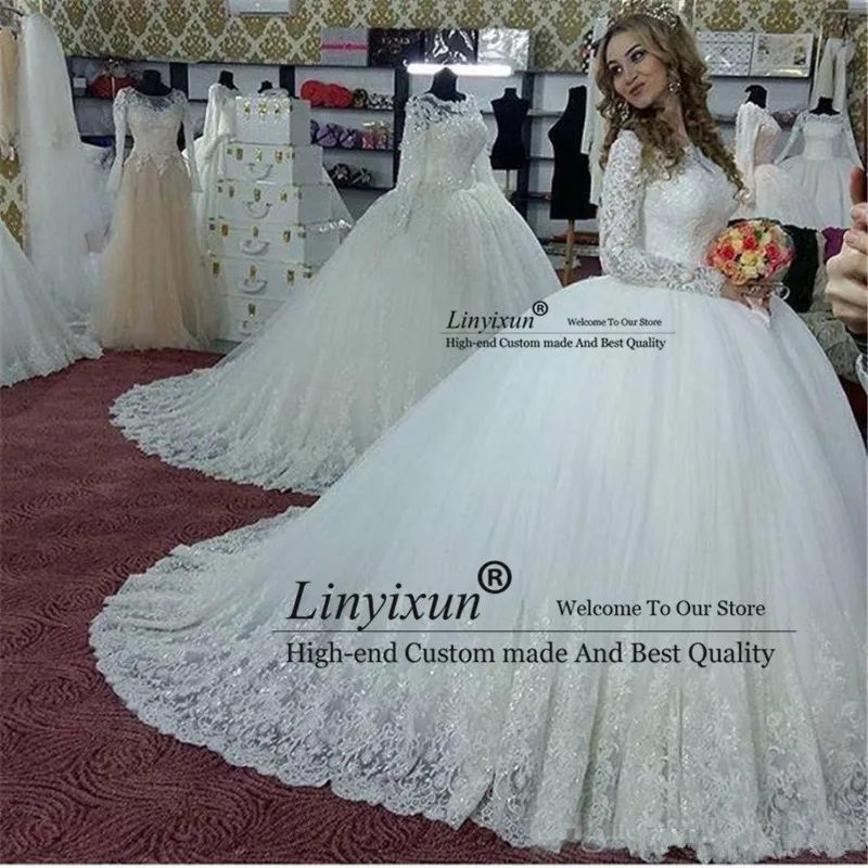 

Vintage Long Sleeves Arabic High Neck Wedding Dresses with Appliques Beaded Long Ball Gown Wedding Dresses vestido de noiva