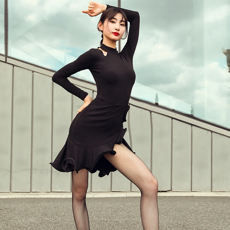 Black Dress Платье для латинских танцев для женщин и взрослых, юбка для танцев, новая одежда для выступлений, красное платье для танцев, сексуальное открытое платье для латинских танцев BL2625 - Цвет: Black Dress