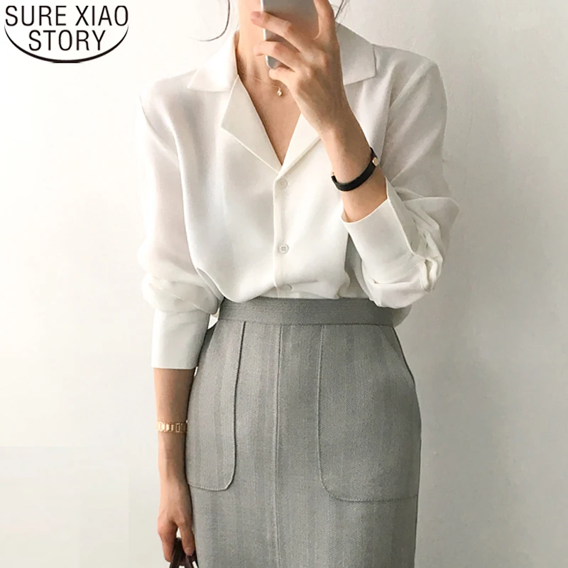 

2021 Spring Notched Suit Collar Women White Long Sleeve Shirts OL Style Womens Tops and Blouses Feminine Loose Clothes 9379 50