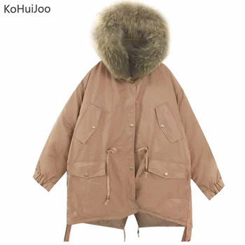 

Kohuijoo 2019 Winter Real Racoon Fur Collar Coat Women Casual Thick Plus Velvet Thick Warm Hooded Snow Jackets Loose Outwear