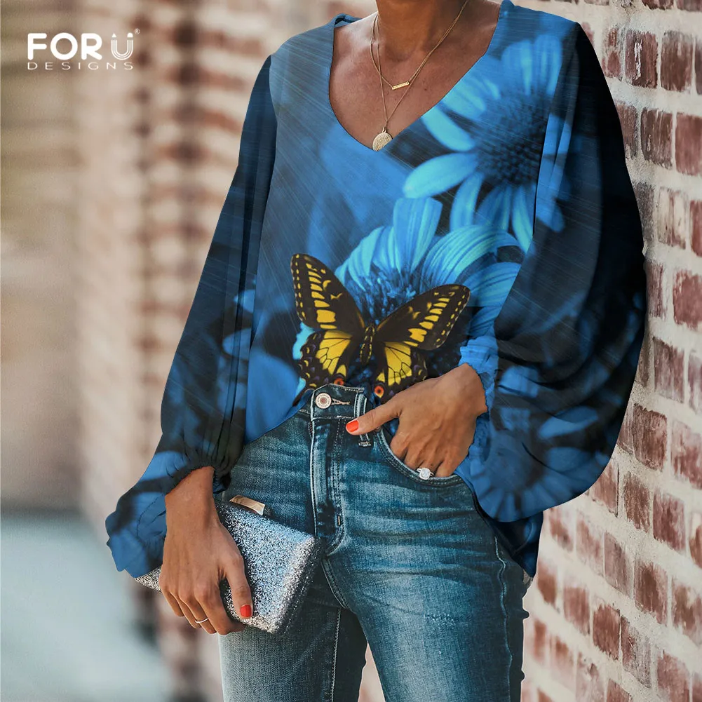 FORUDESIGNS/Женские блузки с бабочками для отдыха, свободная весенняя одежда, длинные рукава, синий цветок, шифоновые топы для девочек, блузка с глубоким v-образным вырезом