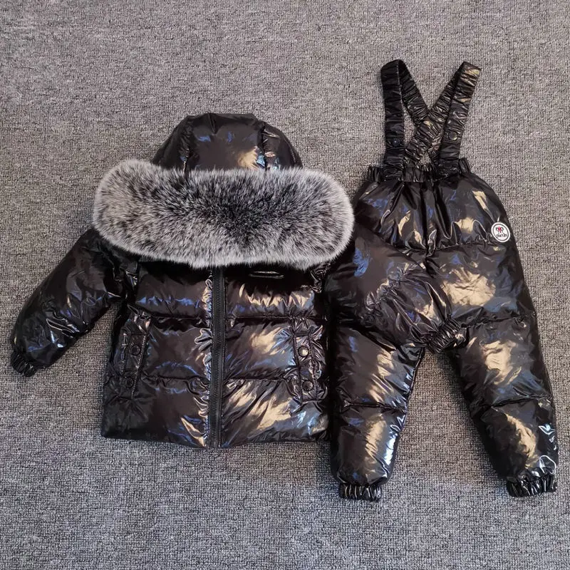 

New Russian Winter Children Down Jacket Overall Suit Large Real Fur Collar Kids Ski Suit for Boys Girls Plus Warm Jacket Silver