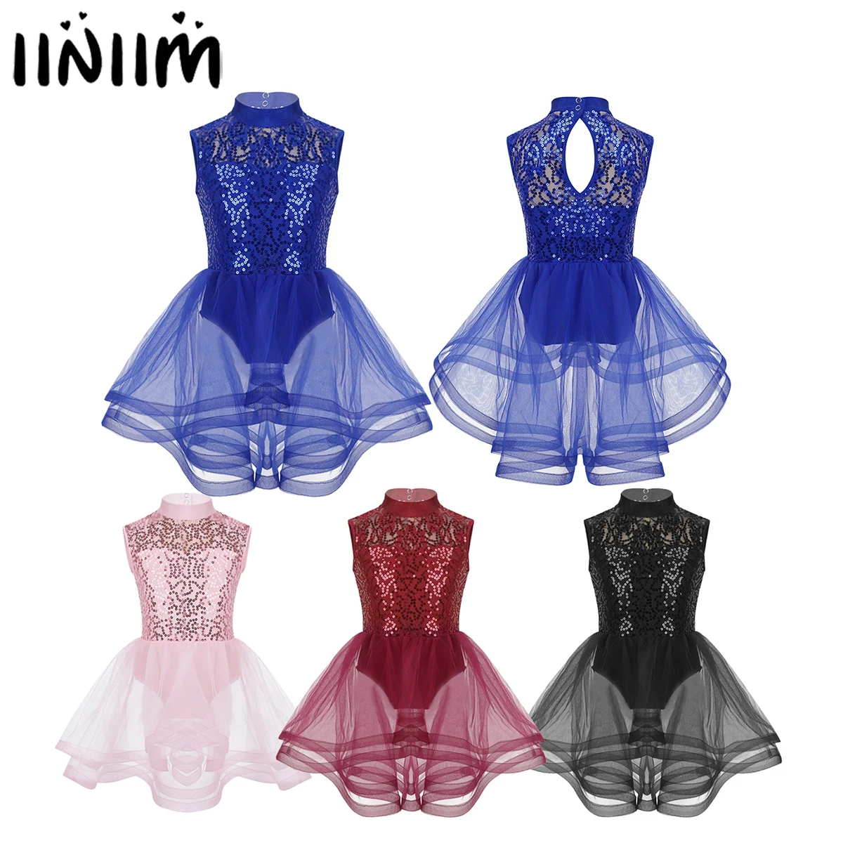 

Kids Girls Sleeveless Lyrical Dance Costumes Sequins Keyhole Back Figure Roller Skating Ballet Dance Competition Leotard Dress