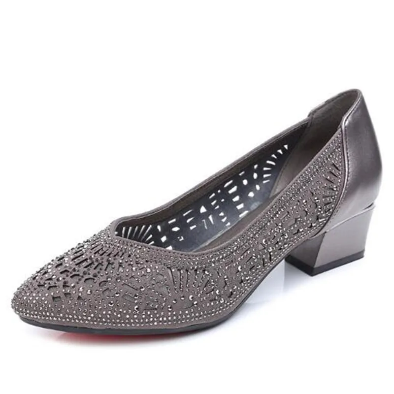 New Hollow Microfiber Leather Rhinestone Summer Shoes Women Sandals Thick with High Heel Sandals Large Size Women Sandals - Color: deep gray