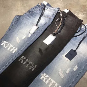 

Kith Denim Pants Men Women Button Slim Fit Kith Jeans Fashion Hole Damage Washed Do Old Kith Denim Pants