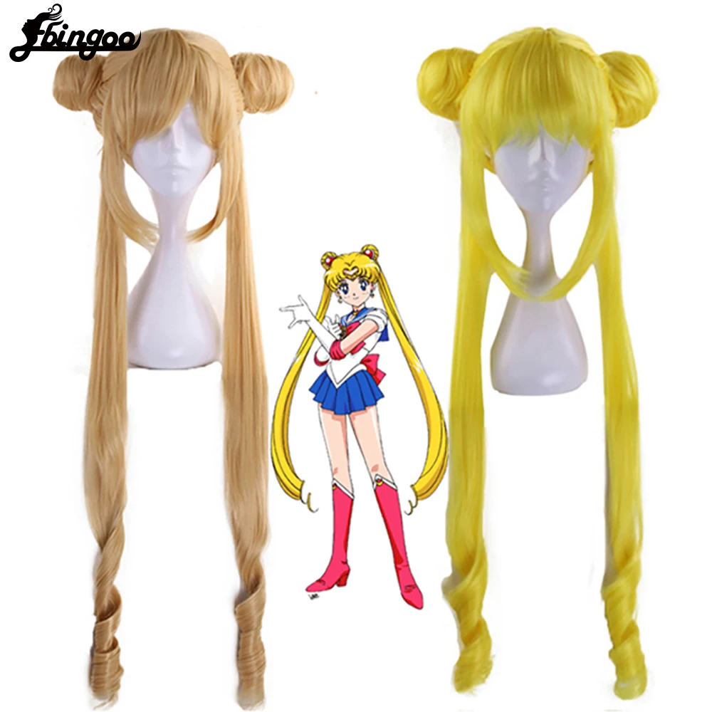Cosplay Wig Costume Blonde Sailor-Moon Double-Ponytail Yellow Straight Long Party Ebingoo
