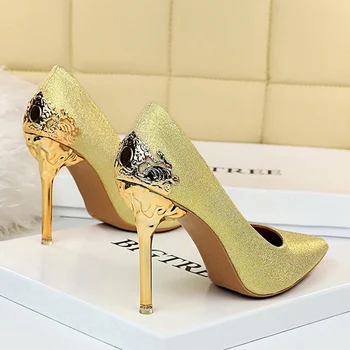 

2020 Fall Luxury Women Bling 10cm Thin High Heels Pumps Tacones Pointed Toe Gold Sliver Metal Heels Scarpins Wedding Party Shoes
