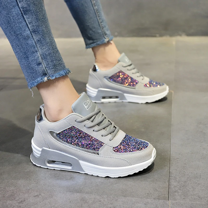 Women's Lace Up Sneakers Flash Spring and Autumn Flat Vulcanized Women's Glittering Leisure Women's Fashion Thick Soled Shoes