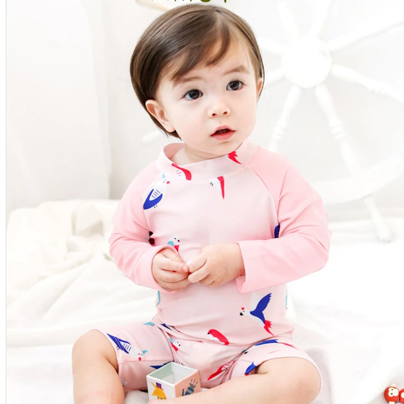 Купальный костюм для маленьких девочек 1-8 лет, Цельный купальник для девочек, детский розовый купальник с принтом птицы, пляжная одежда для девочек с шапочкой для плавания