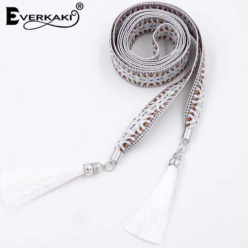 White Everkaki с кисточками, в стиле бохо, вязанный бандажный пояс, пояс на талию, головной убор для женщин, винтажный пояс для платья, свитера, Новая мода - Цвет: White