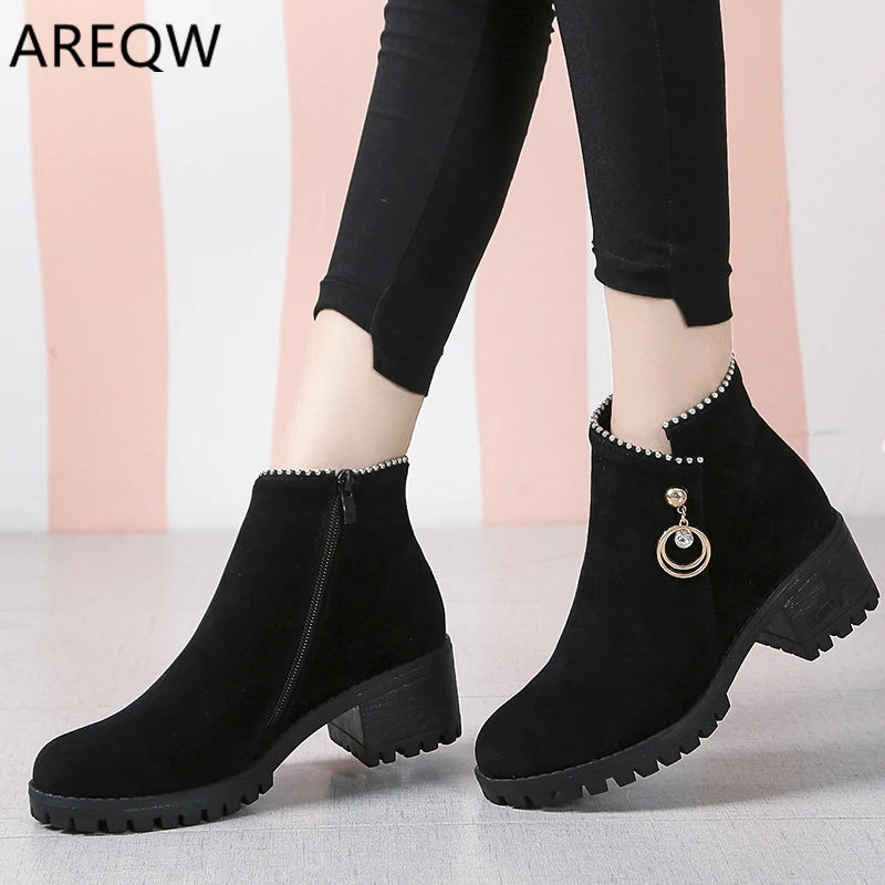 Autumn Winter Warm Women Ankle Boots Square High Heels Leather Boots Pointed Martin Boots Casual Pumps