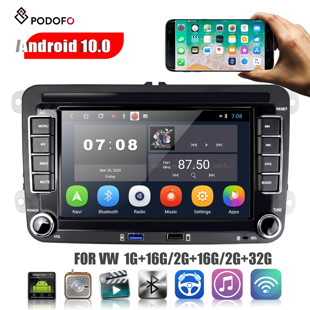 Podofo Auto Speler Autoradio 7 "Vw Android 10 Touch Screen Auto Radio Multimedia Player Navigatie Ondersteuning Achteruitrijcamera Multimedia speler| - AliExpress