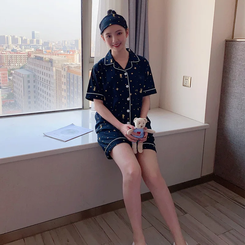 

MELIFLE Dobby Cartoon Print Sleepwear 100% Cotton Potter College Style Women's Pajamas Set Short Sleeve Turn-down Collar Nightie