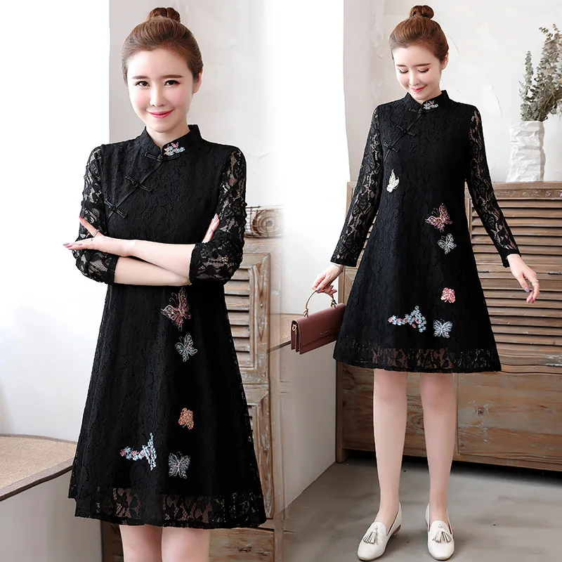 

Photo Shoot New Style Sequin Embroidered Chinese-style Improved Cheongsam Dress Long Sleeve