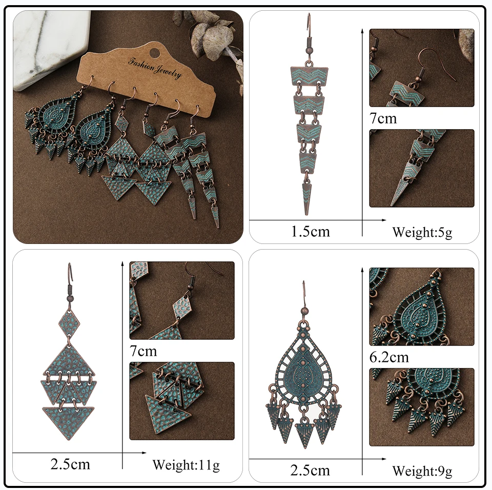 Bronze Silver Blue Ethnic Earrings Sets Jewelry Long Metal Tassel Hanging Dangling Earrings for Women (12)