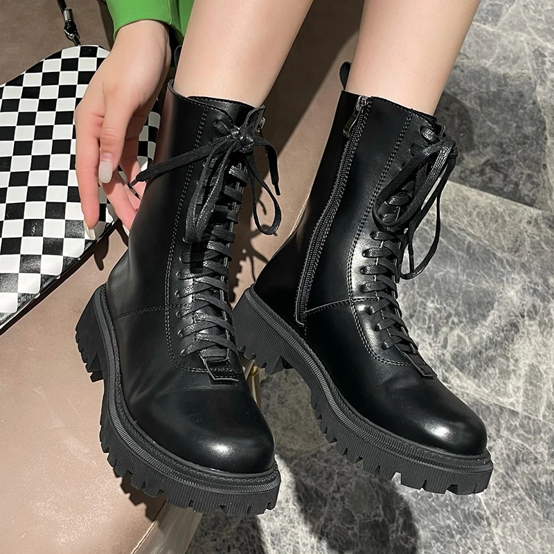 Martin Botas de estilo coreano para mujer, zapatos de tacones medios de moda, botas cortas con cordones de punta para otoño e invierno, novedad de 2021|Botas hasta el tobillo| - AliExpress