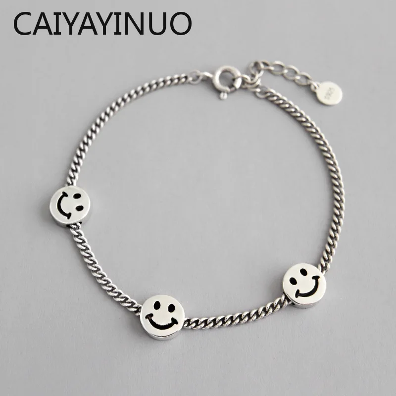 

CAIYAYINUO INS Retro Genuine 100% 925 Sterling Silver Europe Brand Smile Face Design Link Chain Bracelets Woman Wedding Jewelry