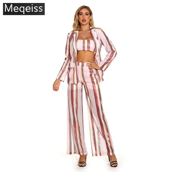 

2020New Winter Celebrity Evening Runway Party Sequins 3Pieces Set Sexy V Neck Black Long Sleeve Coat & Pants &Wrapped chest Sets