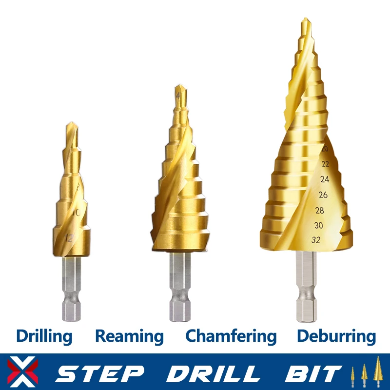 XCAN Step Cone Drill 4-12 4-20 4-32 Hex Shank Step Drill Bit Titanium Coated Wood Metal Hole Cutter HSS Drilling Tools