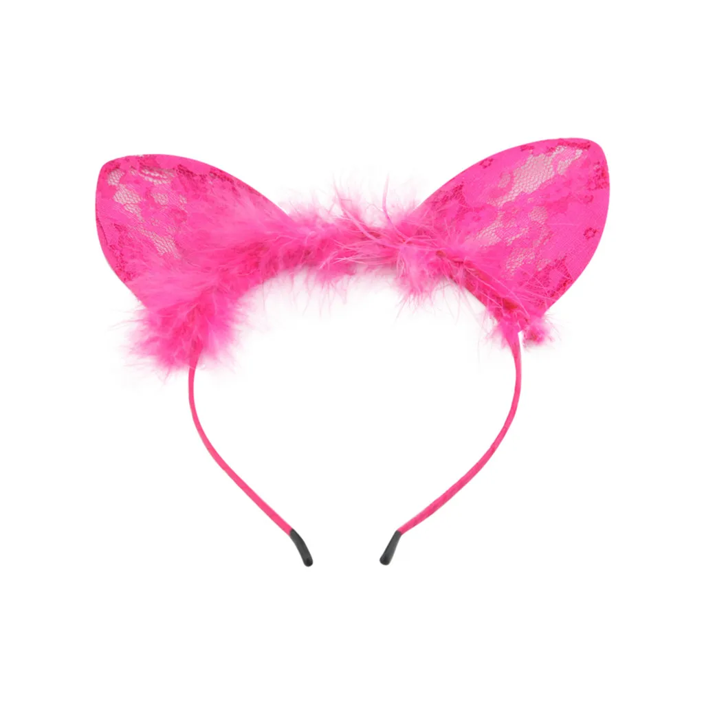 Hot Pink Кружевная повязка для волос с ушками и перьями; Женская повязка на голову; милая повязка на голову для девочек; Модная одежда для отдыха; индивидуальная высокая - Цвет: Hot Pink