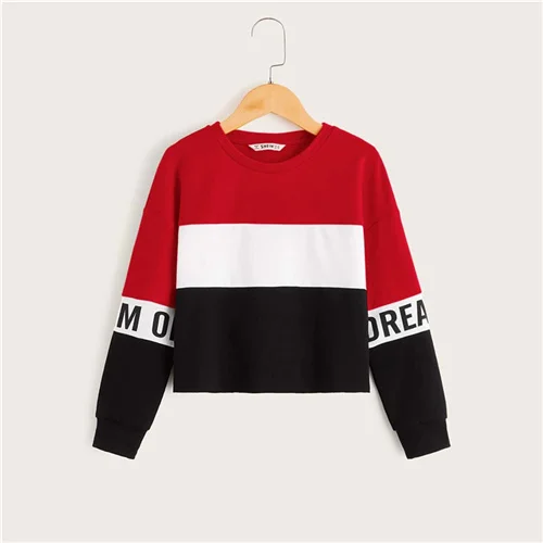 Multicolor SHEIN/Детская разноцветная толстовка с буквенным принтом для девочек детские топы г. Осенние повседневные пуловеры с длинными рукавами и цветными блоками - Цвет: Multicolor