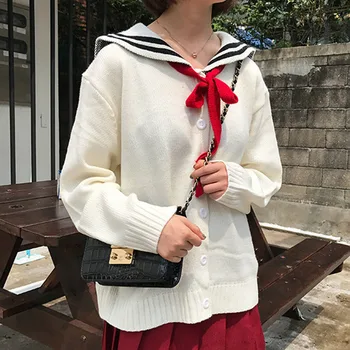 

Japanese Sweet Sweater Women Lace Up Bow Sailor Collar Stripe Long Sleeve Cardigan New Casual Cute Loose Female Sweater Student