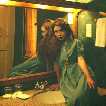 

Vintage90s Retro Two-color Mid-length Skirt Solid Color Chiffon Short-sleeved One-piece Dress