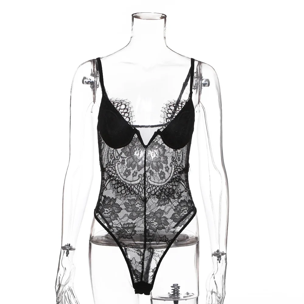 Black Bow Lace Bodysuit Women Backless Transparent Sexy Body Jumpsuit Rompers Catsuit Bodysuits Slim Overalls