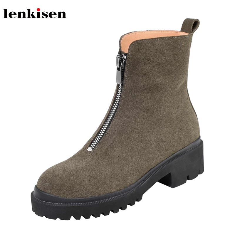 

Lenkisen high quality cow suede boots rock Zipper round toe high heels thick bottom leisure winter warm women ankle boots L2f1