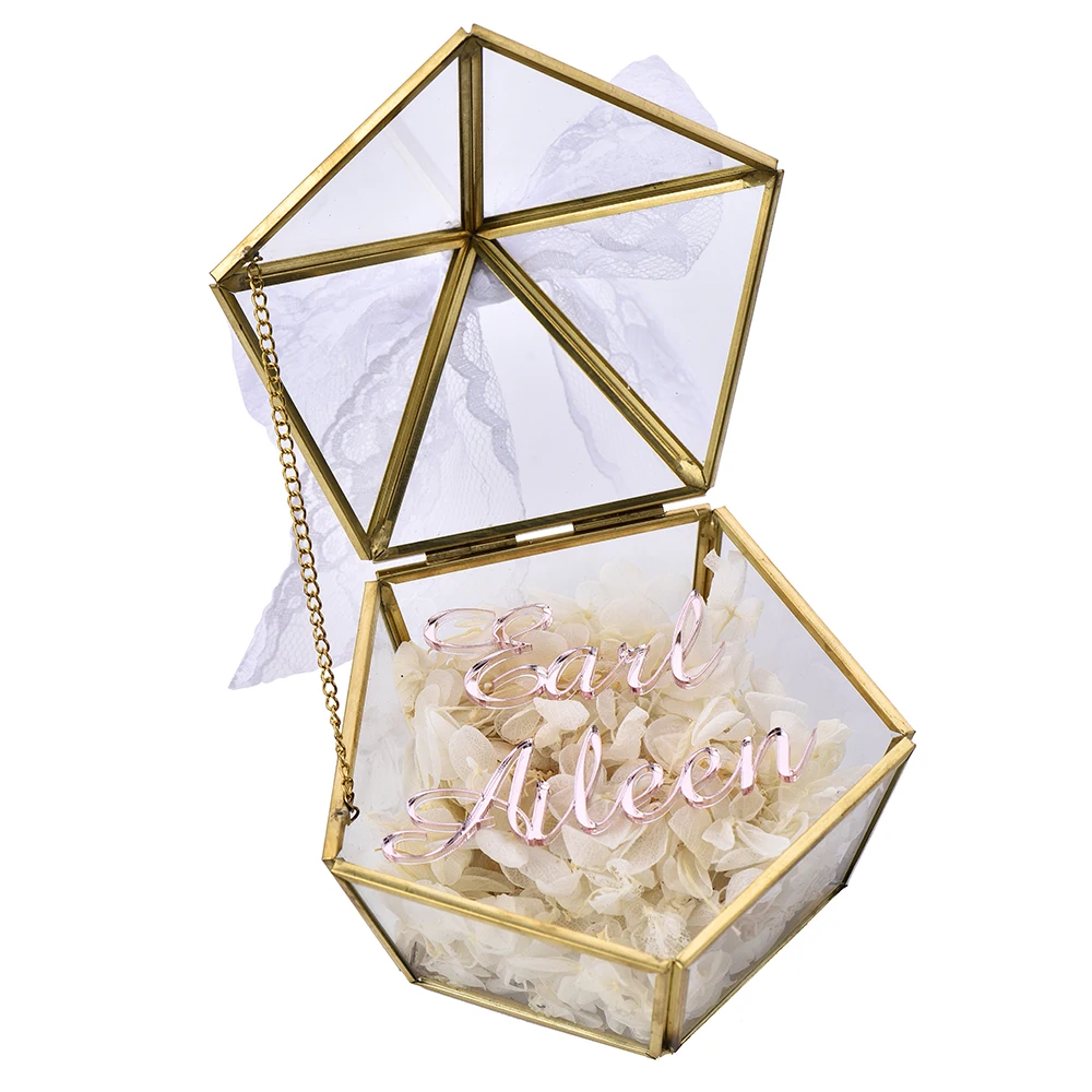 Style 8 Personalized Engraved Name Wedding Glass Ring Box Pillow Jewelry Box Pentagon Geometric Copper Ring Holder Customized Favor - Цвет: Style 8