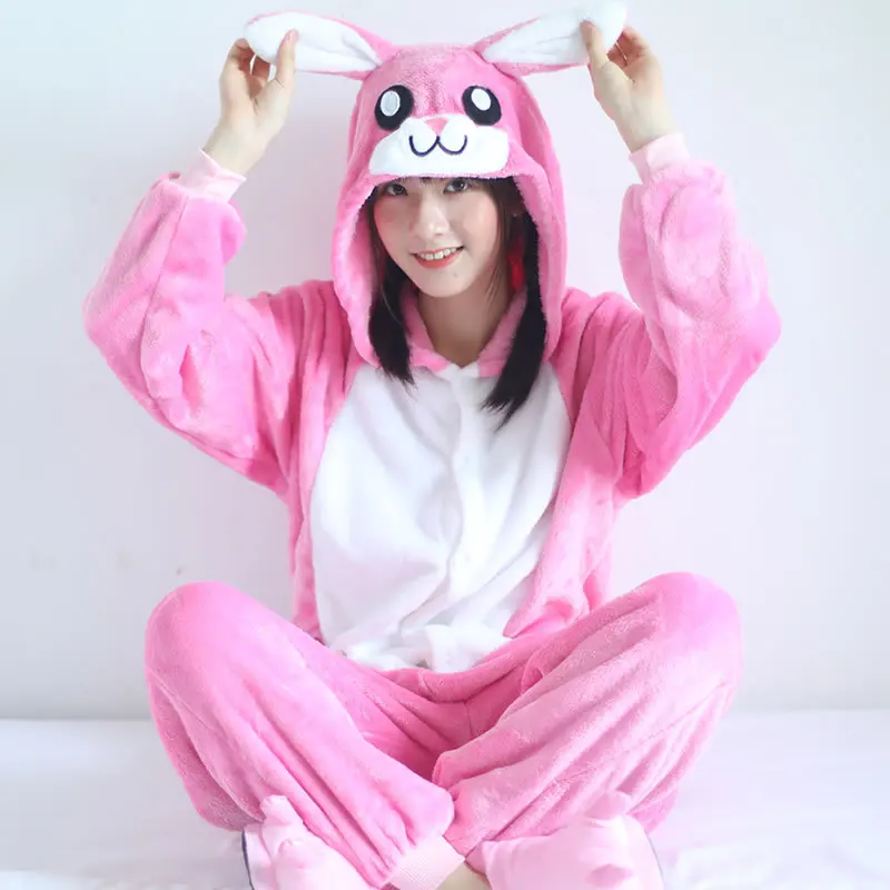 Totoro Fiishimi Onesie для взрослых женщин животных пижамы костюм фланель теплая мягкая Пижама цельная зимняя Пижама Косплей - Цвет: Pink rabbit